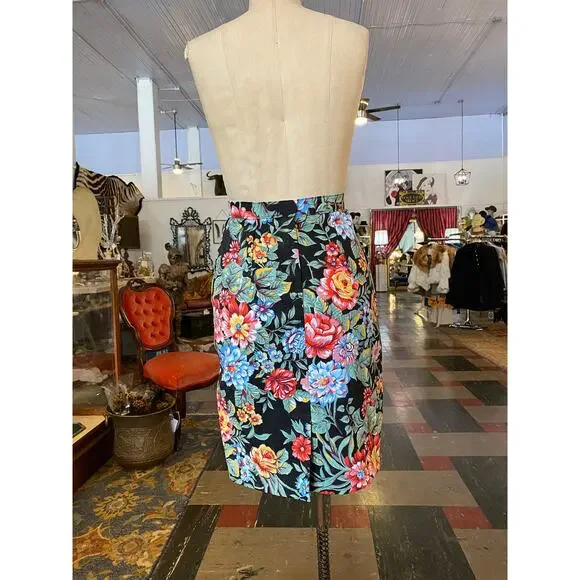 1980s denim skirt and jacket bright flower print 80s fashion 2 piece jean sm - Picture 8 of 10